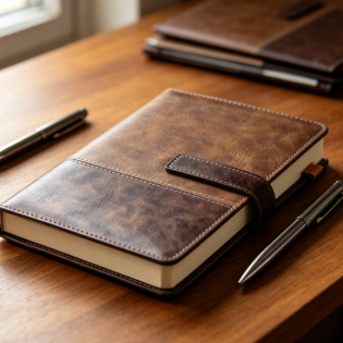 A5 leather-cover notebook with pen